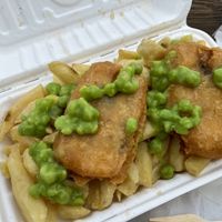 Tofish and chips with some mushy peas   at Harbour Fish & Chips in Avoch