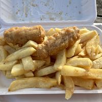 Chips and battered sausage   at Harbour Fish & Chips in Avoch