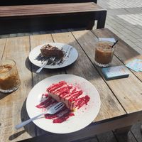 Raspberry and chocolate cheesecakes, plus iced coffees at Dice & Slice in Christchurch