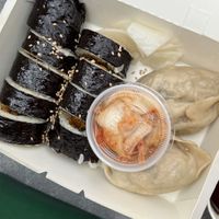 kimbap and mandu with a side of kimchi  at Yuseong Mandu in San Diego