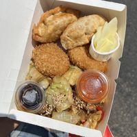 dumplings, croquettes, and japache combo  at Yuseong Mandu in San Diego