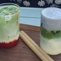 Strawberry Matcha and Volcano Matcha Latte at Kun Café in Paris