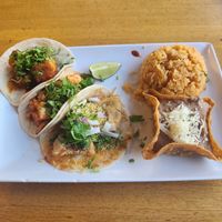 Taco platter with rice and beans. Top left to bottom right 1) chili tofu 2) paneer 3) samosa  at Taco Maya in Niles