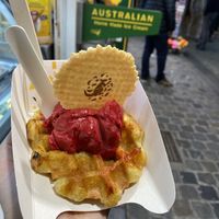 Vegan waffle and raspberry sorbet (also vegan)  at Australian Home Made Ice Cream in Brussels