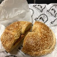 Bagel with vegan egg, bacon, and cheese. at Utopia Bagels in New York City