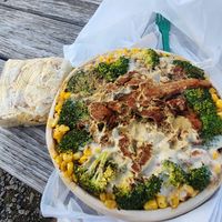 Fried chick'n bowl and potato chip rice crispy treat at The Loaded Bowl in Oklahoma City
