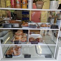 Five vegan doughnuts on offer. Delicious. I also got a latte with oat and my wife got one with soya. They also have coconut milk on offer too. at Holy Grounds in Preston
