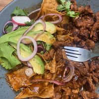 Chilaquiles con carne de soya (vegan soy meat)  at El Jardín de Azu in Queretaro