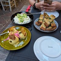 Fava and vegan garlic bread (tzatziki pictured not vegan) at Colombo Kitchen & Bar in Crete