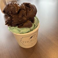 Brownie batter and mint chip  at Thurgood Creamery in Syracuse