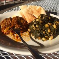 Veggie sampler- eggplant squash stew & chickpea spinach salad at Mediterranean Deli in Chapel Hill