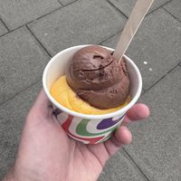 Mango sorbet and dark chocolate ice cream   at Basement Gelato Co in Edinburgh