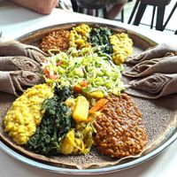 Vegan platter for 2, with sour Ethiopian bread at House of Habesha in Sheffield