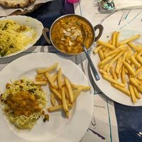 Veg korma, veg rice and chips at Balti Tower II in Mojacar