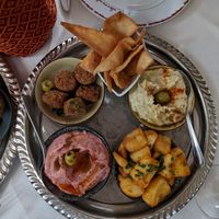 really good potatoes, aubergine hummus, falafel, beetrot hummus at Le Mille e Una Notte in Trieste