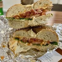 The Veg Out bagel with hummus, tomato, spinach, sriracha, and pickled red onions (86ed the cucumber…not my cuppa 🙂)  at Bom Dia Cafe in Portland