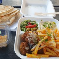 Loaded platter and baklawa at Al Wadi Falafel in Wexford