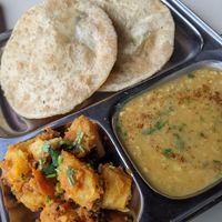 Dum aloo, cholar dahl and peas kachori at Saurav Ki Rasoi in Folkestone