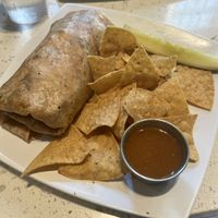 impossible cali burrito with chips and salsa made vegan   at Swami's Cafe in San Diego