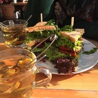 Tofu and avocado sandwich from their lunch menu with green tea, vegan  at HappenPappen in Hamburg