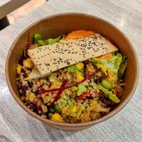 Beyond Me bowl which comes with beyond meat pieces, red pepper hummus, and different beans and veggies at SaladStop - Novena Square in Central Singapore