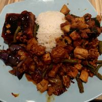 plain white rice with 4 sides; tofu, tempeh, potato w basil & brinjal at Eight Immortals Vegetarian 八仙素食园 - Jurong E in West Singapore