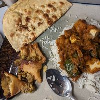 Roti, tofu masala and samosa (all vegan) at Mela in Asheville