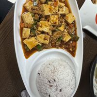 Vegan Mapo Tofu with blue pea flower ricee  at Vegan Lovers in Macau