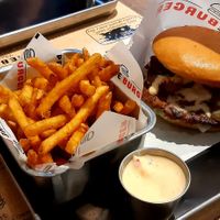 Beyond meat burger with one patty, fries and vegan chili mayo at Prime Burger - Thanon Khao San in Bangkok