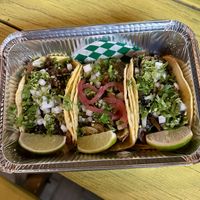 Taco Trio Mix (Left to Right: Impossible Chorizo, Seitan Carnitas, Birria Mushrooms)  at Taqueria Vegana  in Toronto