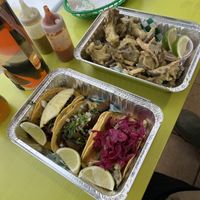 Tacos left to right: Al pastor, a mushroom taco that I can’t find the name of and Capeado. Second dish: Capeaditos.  at Taqueria Vegana  in Toronto