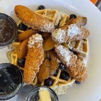 Chikn waffle with peach/blueberry   at The Wafflery in Charlotte