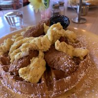 Vegan chicken & waffles with vegan egg  at The Wafflery in Charlotte