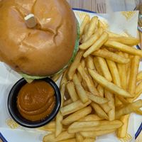 Bean Burger with a red pepper pesto flavour type ketchup at Passage in Brasov