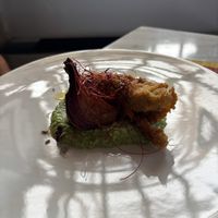 Tofu stuffed Squash Blossom with carmelized onion   at Dulcisinfundo in San Gimignano