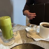 Matcha latte and french toast drip with oat milkk  at Coquelicot Gallery and Cafe in Palatine