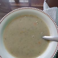 Oatmeal soup with veggie bits at Trigo y Miel in San Gil