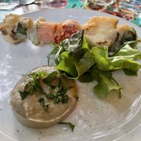 Vegetable skewer in batter, Babaganoush and salad with ginger vinaigrette  at La Cena di Pitagora in Ponte Nizza