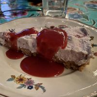 Strawberry cheesecake with fermented cashew and coconut cream  at La Cena di Pitagora in Ponte Nizza