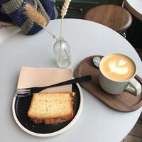 Vegan cake and oat milk latte at Gather Coffee in Bristol