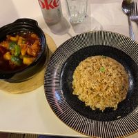 Sweet and sour stir fried chicken with rice  at Cafe Soya in Birmingham