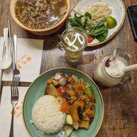 Vegan fish 🐠 tofu and veggies with rice 🍚 + red bean soy shake at Cafe Soya in Birmingham