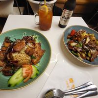 Lemongrass "chicken" with rice (left) at Cafe Soya in Birmingham