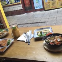 Mango soya shakes, spicy satay with tofu, chick*n noodles, veg spring rolls, and vegan prawn toastt  at Cafe Soya in Birmingham