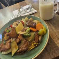 Crispy noodles - substituted the vegetarian meats for extra vegan meats. Vegan coconut milkshake.    at Cafe Soya in Birmingham