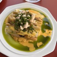 Grilled leaks with different scrumptious sauces  at Holy Carrot in West London