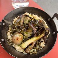 Smoked tofu orzo with chargrilled wild garlic and shallots   at Holy Carrot in West London