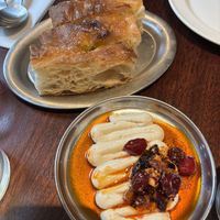 Focaccia with whipped tofu and hazelnut salsa macha - delicious!  at Holy Carrot in West London