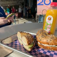 Everything bagel with vegan cream cheese, pickled onions and cucumbers  at Flour Moon Bagels in New Orleans