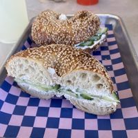 Sesame bagel with Monty’s vegan cream cheese and cucumber slices   at Flour Moon Bagels in New Orleans